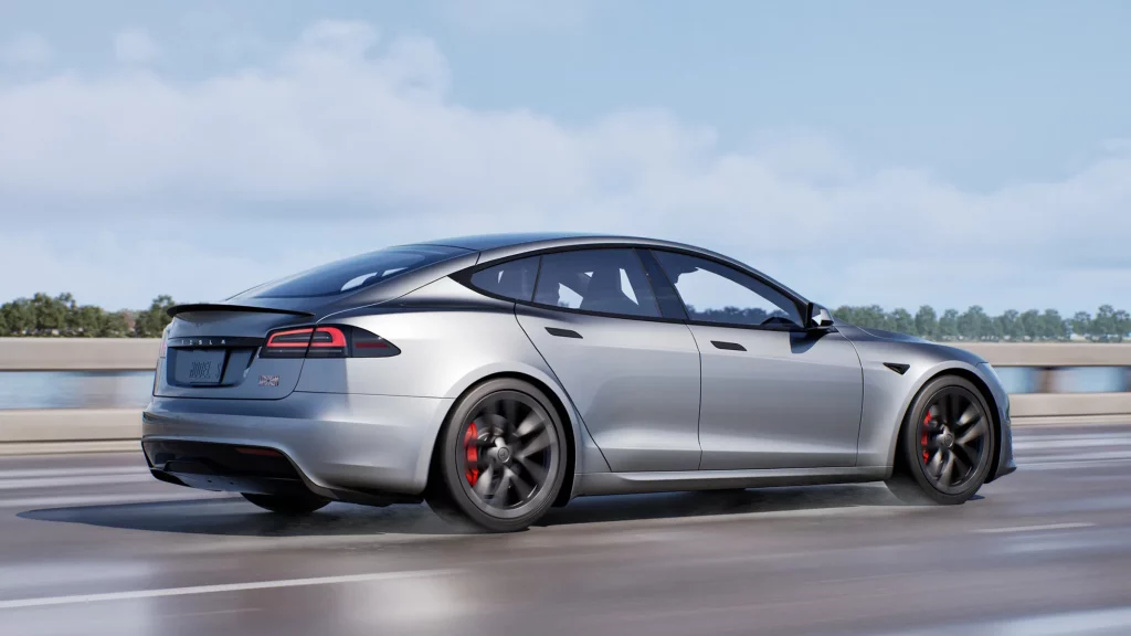 2024 Tesla Model S Plateado Lunar. Imagen trasera.