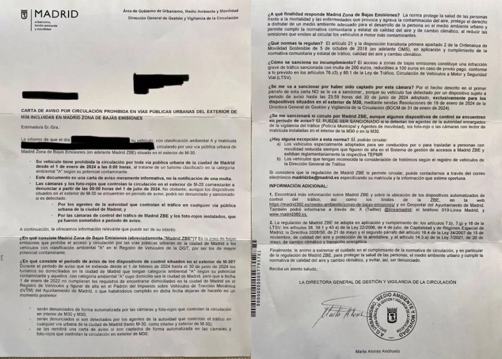 Una carta del Ayuntamiento de Madrid recibida por el propietario de un coche con etiqueta A.