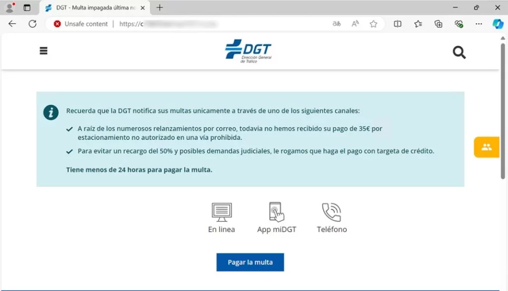 El aspecto de la página web a la que llevan a la víctima tiene los logos y la imagen de la DGT.