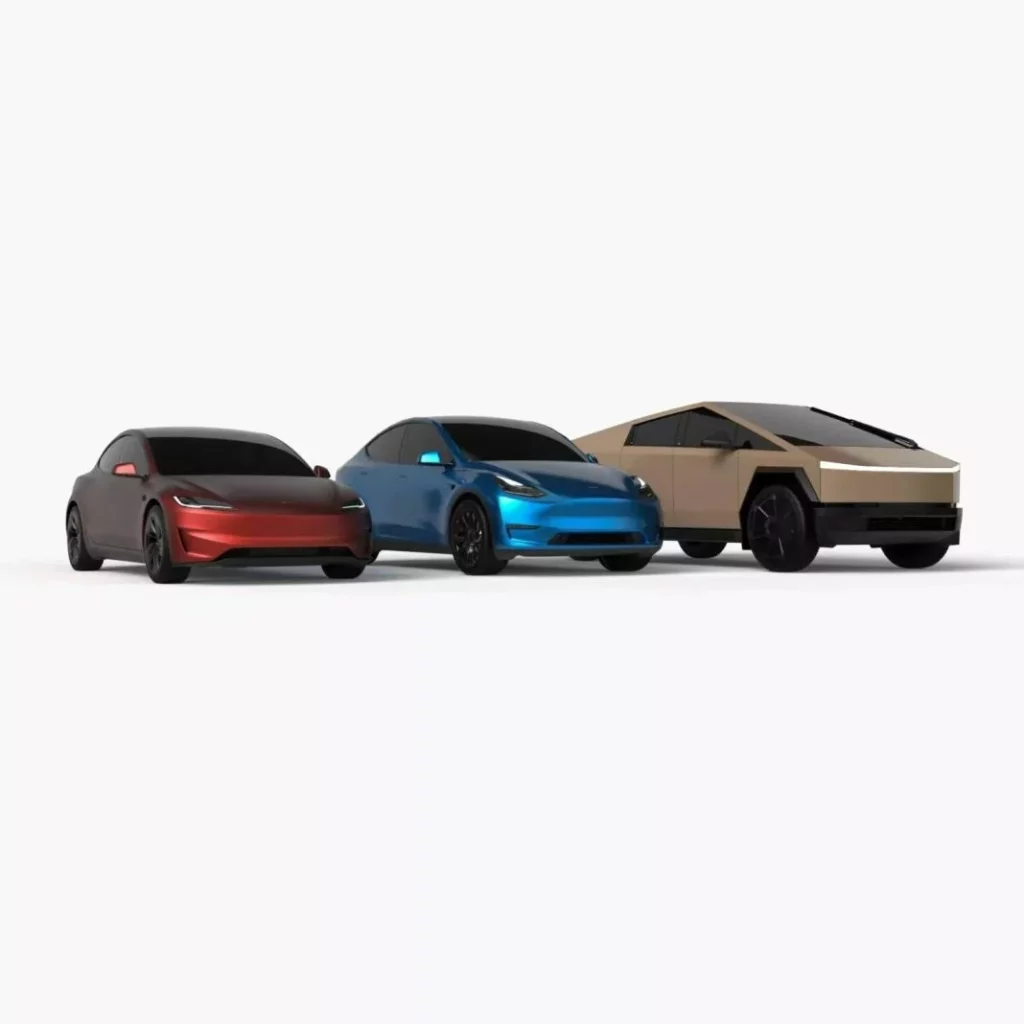 2024 Tesla Model 3, Model Y, Cybertruck. Vinilo. Imagen estudio.