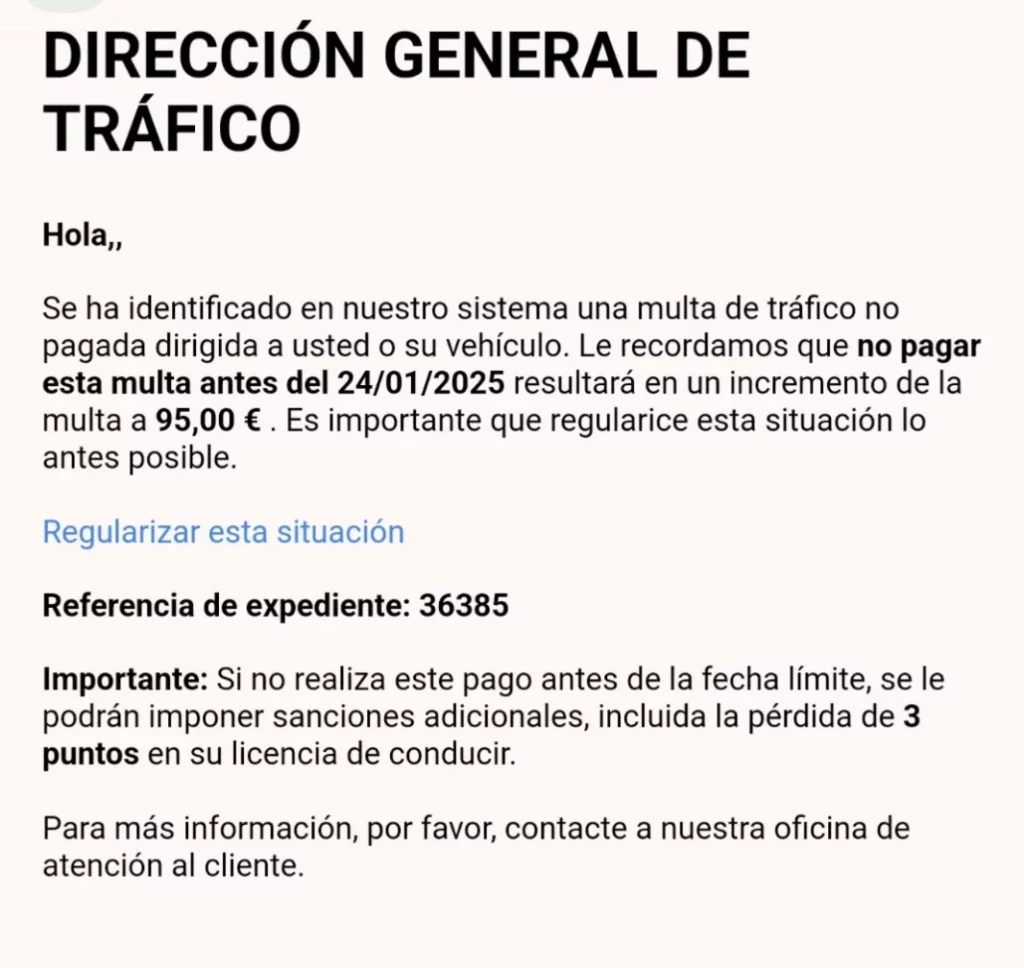 Correo electrónico suplantando a la DGT.